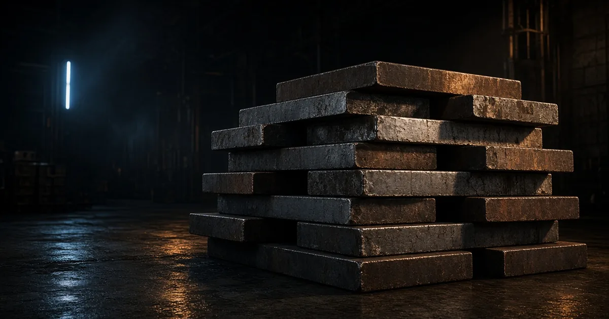Warehouse metal billets — Nero warehouse lane mood, not live TVL.
